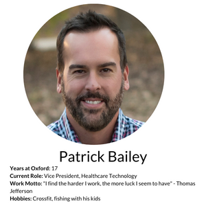 description of Patrick's years with Oxford, work motto, and hobbies