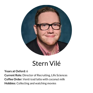 Summary of Stern's years with Oxford, coffee order, and hobbies