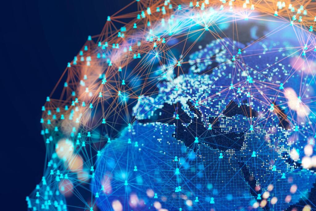 Abstract digital map highlighting the EMEA region, representing the scope of the AI opportunity assessment